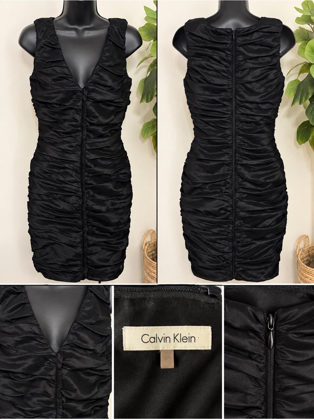 Calvin Klein Black Ruched V-Neck Mini Dress